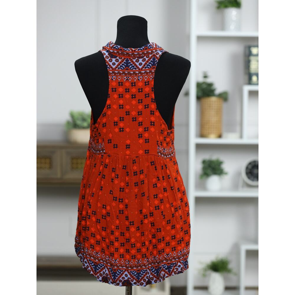Free People Boho Tunic Dress Medium Red Paisley Printed Mini Collar Button Front - Picture 6 of 14